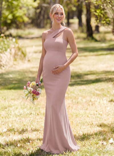 Sheath/Column One-Shoulder Sleeveless Floor-Length Elastic Satin Maternity Bridesmaid Dresses