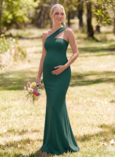 Sheath/Column One-Shoulder Sleeveless Floor-Length Elastic Satin Maternity Bridesmaid Dresses