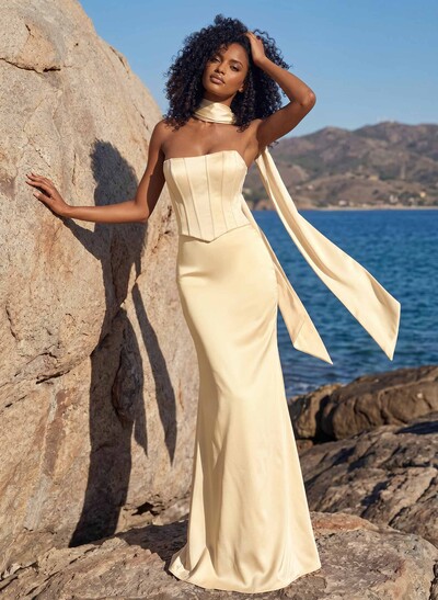 Trumpet/Mermaid Strapless Sleeveless Floor-Length Crepe Satin Bridesmaid Dresses