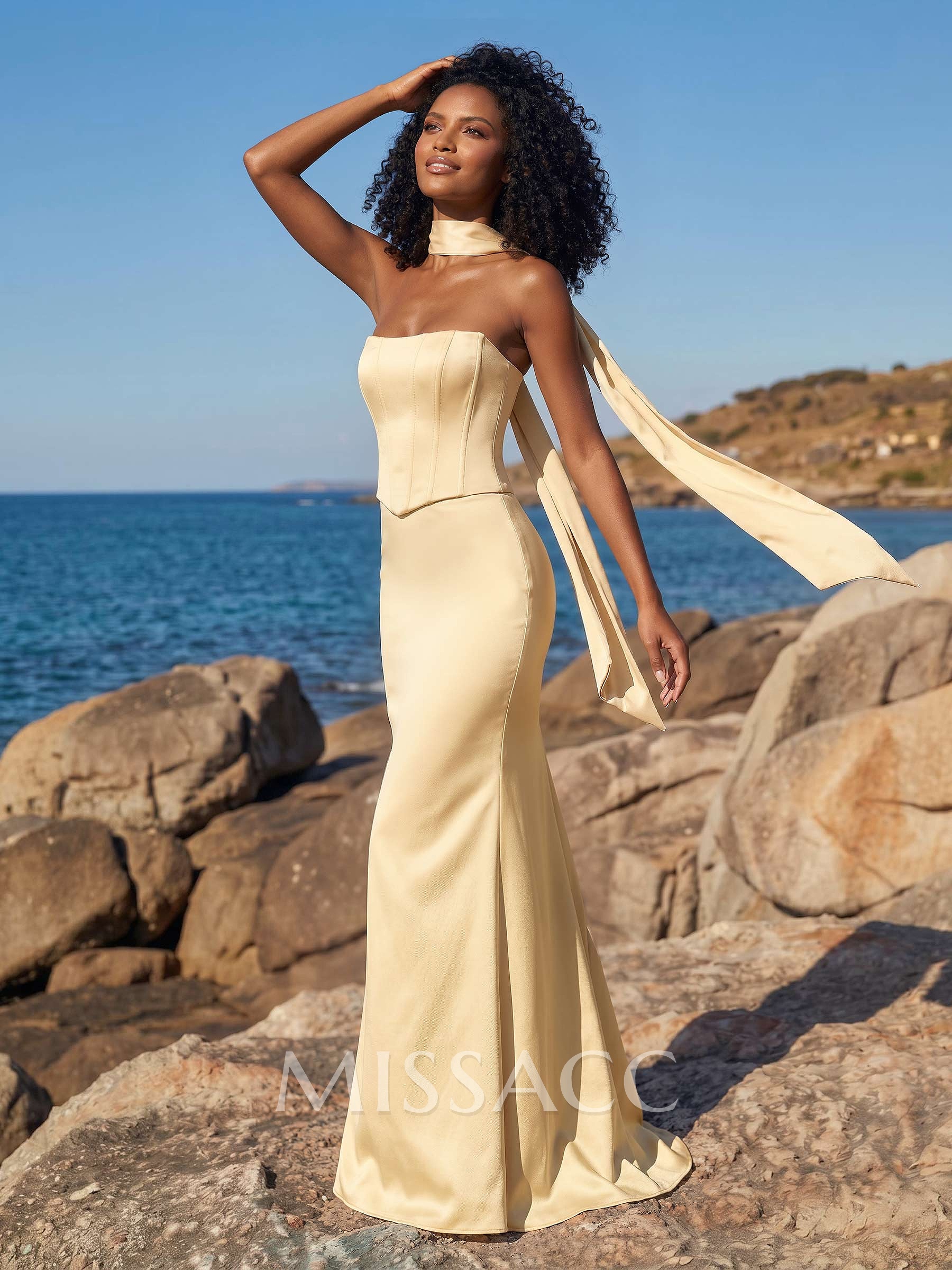 Trumpet/Mermaid Strapless Sleeveless Floor-Length Crepe Satin Bridesmaid Dresses