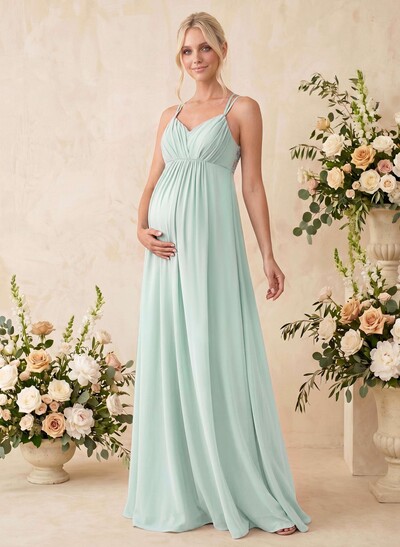 A-Line V-Neck Sleeveless Floor-Length Chiffon Maternity Bridesmaid Dresses With Appliques Lace