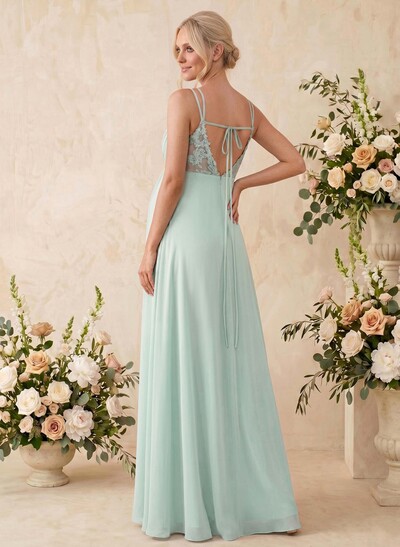 A-Line V-Neck Sleeveless Floor-Length Chiffon Maternity Bridesmaid Dresses With Appliques Lace