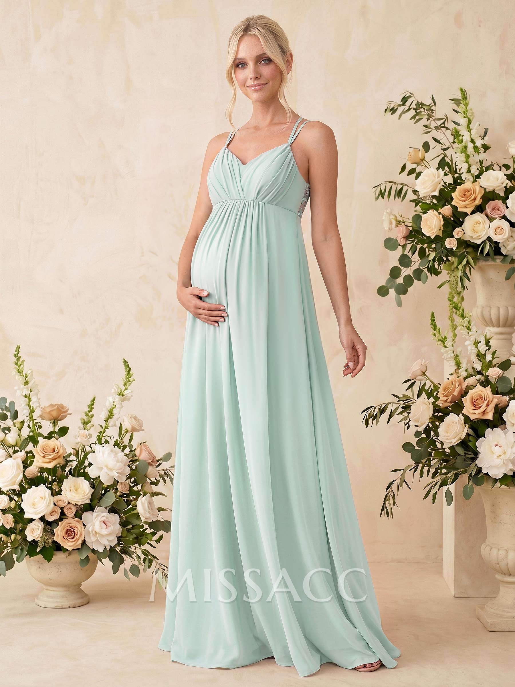 A-Line V-Neck Sleeveless Floor-Length Chiffon Maternity Bridesmaid Dresses With Appliques Lace
