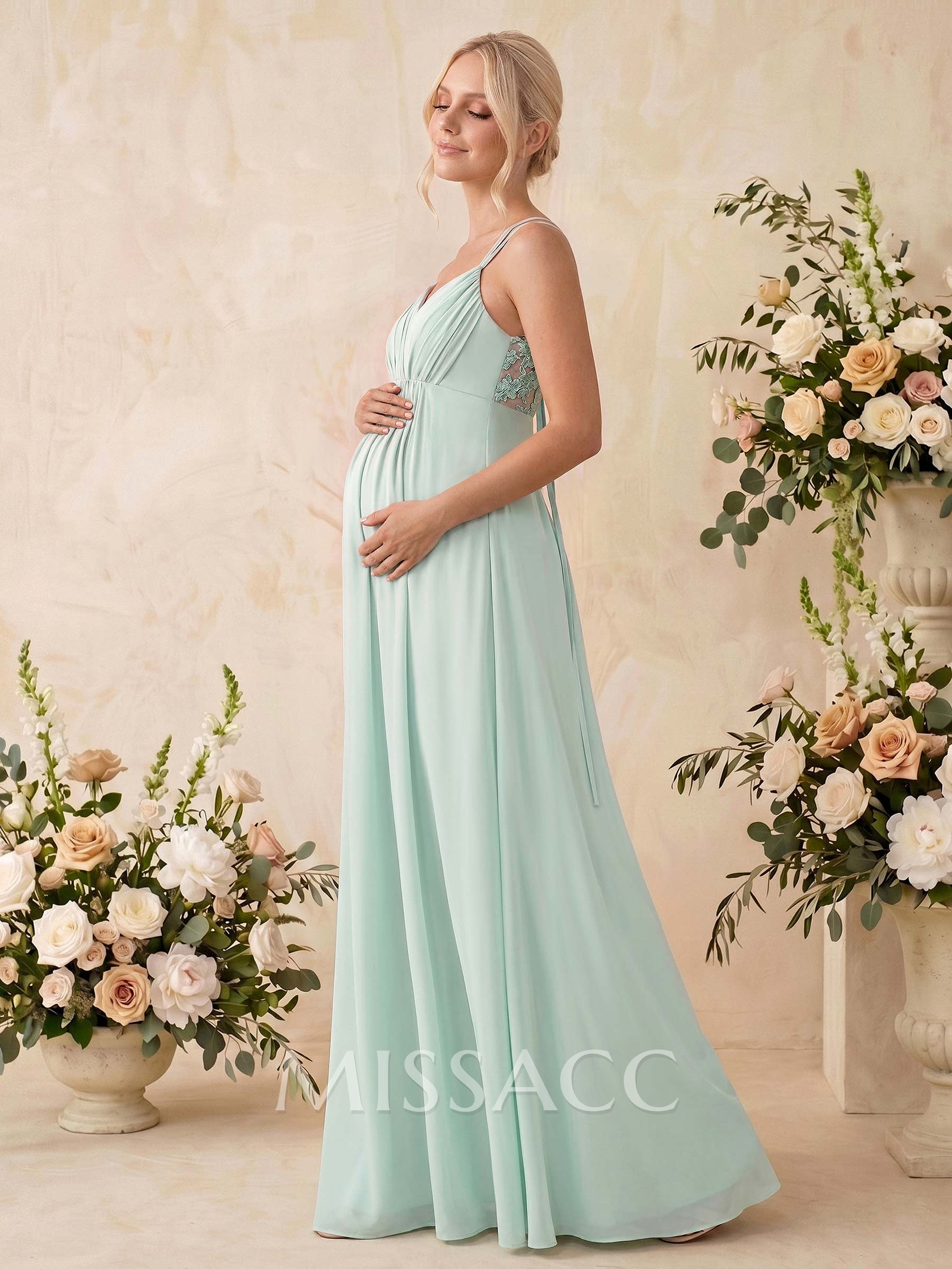 A-Line V-Neck Sleeveless Floor-Length Chiffon Maternity Bridesmaid Dresses With Appliques Lace