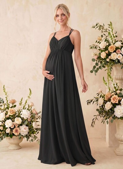 A-Line V-Neck Sleeveless Floor-Length Chiffon Maternity Bridesmaid Dresses With Appliques Lace