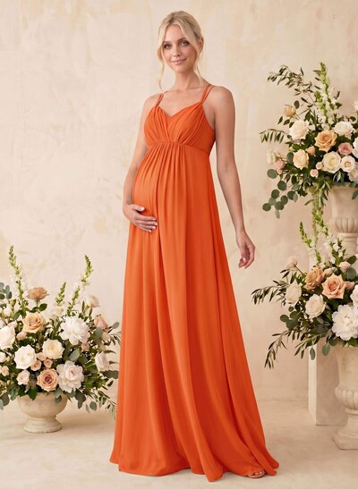 A-Line V-Neck Sleeveless Floor-Length Chiffon Maternity Bridesmaid Dresses With Appliques Lace