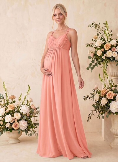 A-Line V-Neck Sleeveless Floor-Length Chiffon Maternity Bridesmaid Dresses With Appliques Lace