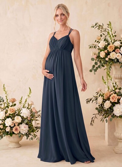 A-Line V-Neck Sleeveless Floor-Length Chiffon Maternity Bridesmaid Dresses With Appliques Lace