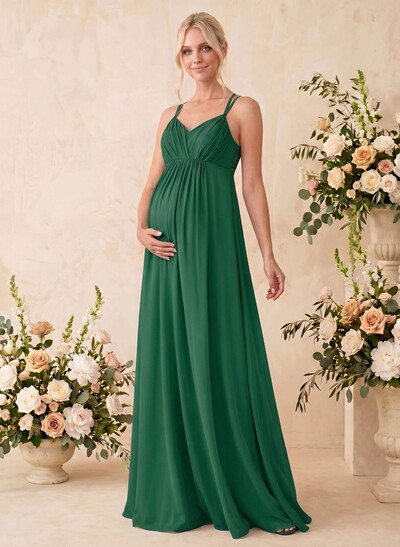 A-Line V-Neck Sleeveless Floor-Length Chiffon Maternity Bridesmaid Dresses With Appliques Lace
