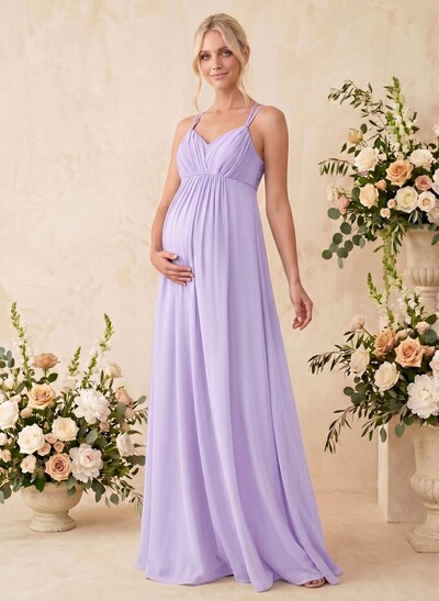 A-Line V-Neck Sleeveless Floor-Length Chiffon Maternity Bridesmaid Dresses With Appliques Lace