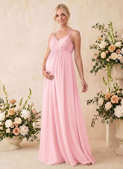A-Line V-Neck Sleeveless Floor-Length Chiffon Maternity Bridesmaid Dresses With Appliques Lace