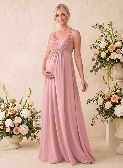 A-Line V-Neck Sleeveless Floor-Length Chiffon Maternity Bridesmaid Dresses With Appliques Lace