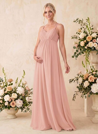 A-Line V-Neck Sleeveless Floor-Length Chiffon Maternity Bridesmaid Dresses With Appliques Lace