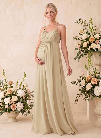 A-Line V-Neck Sleeveless Floor-Length Chiffon Maternity Bridesmaid Dresses With Appliques Lace