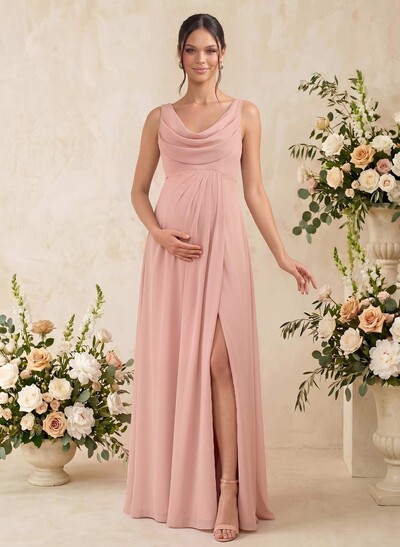 A-Line Cowl Neck Sleeveless Floor-Length Chiffon Maternity Bridesmaid Dresses With High Split