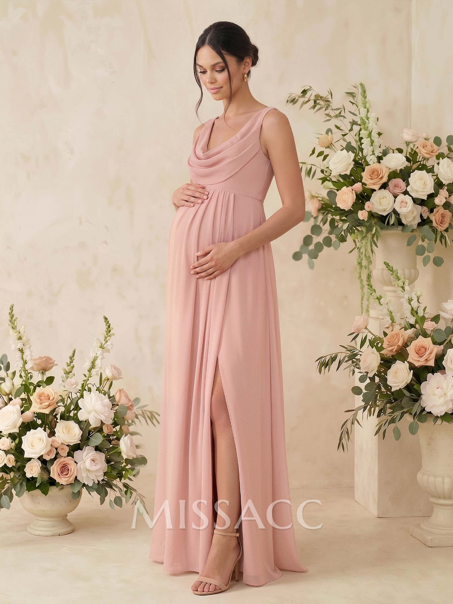 A-Line Cowl Neck Sleeveless Floor-Length Chiffon Maternity Bridesmaid Dresses With High Split