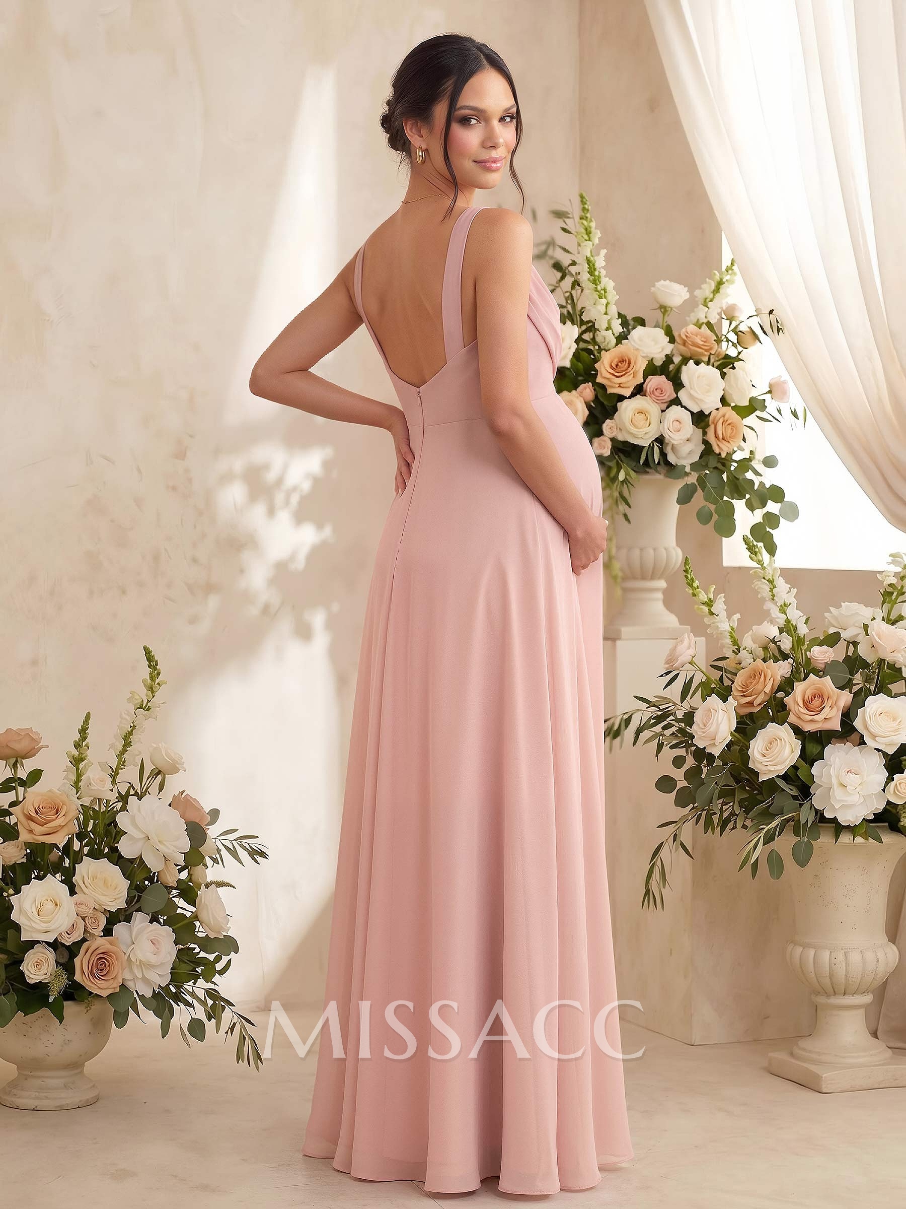 A-Line Cowl Neck Sleeveless Floor-Length Chiffon Maternity Bridesmaid Dresses With High Split