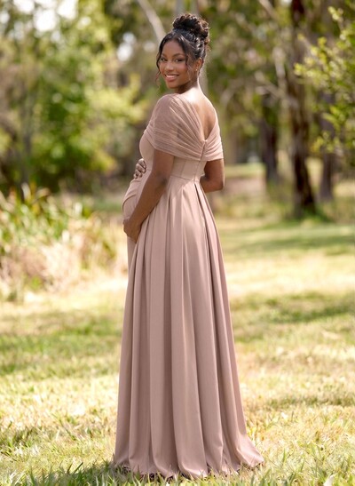 Sheath/Column Off-The-Shoulder Floor-Length Elastic Satin Maternity Bridesmaid Dresses With High Split/Sweeping Side Drape