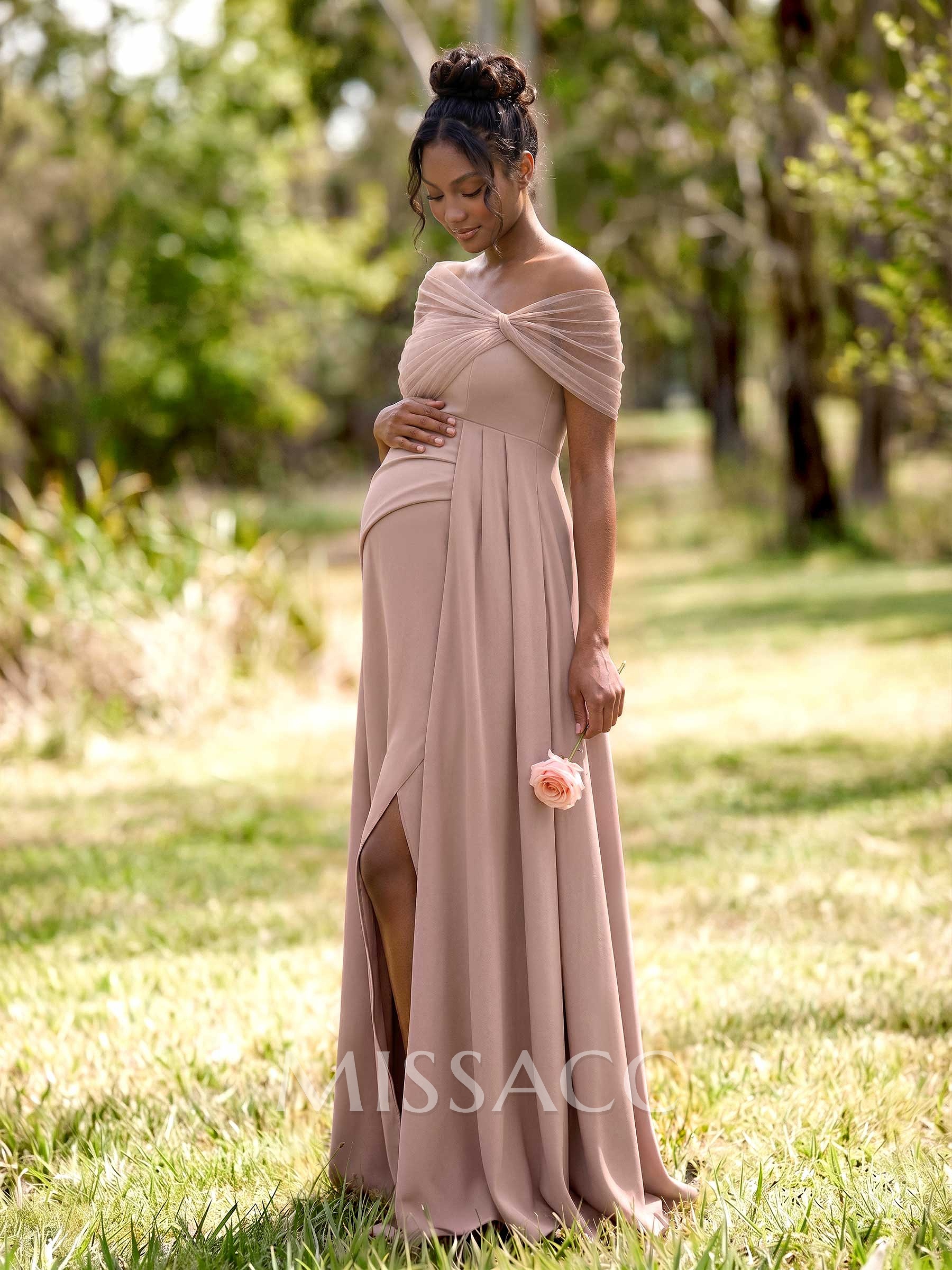 Sheath/Column Off-The-Shoulder Floor-Length Elastic Satin Maternity Bridesmaid Dresses With High Split/Sweeping Side Drape
