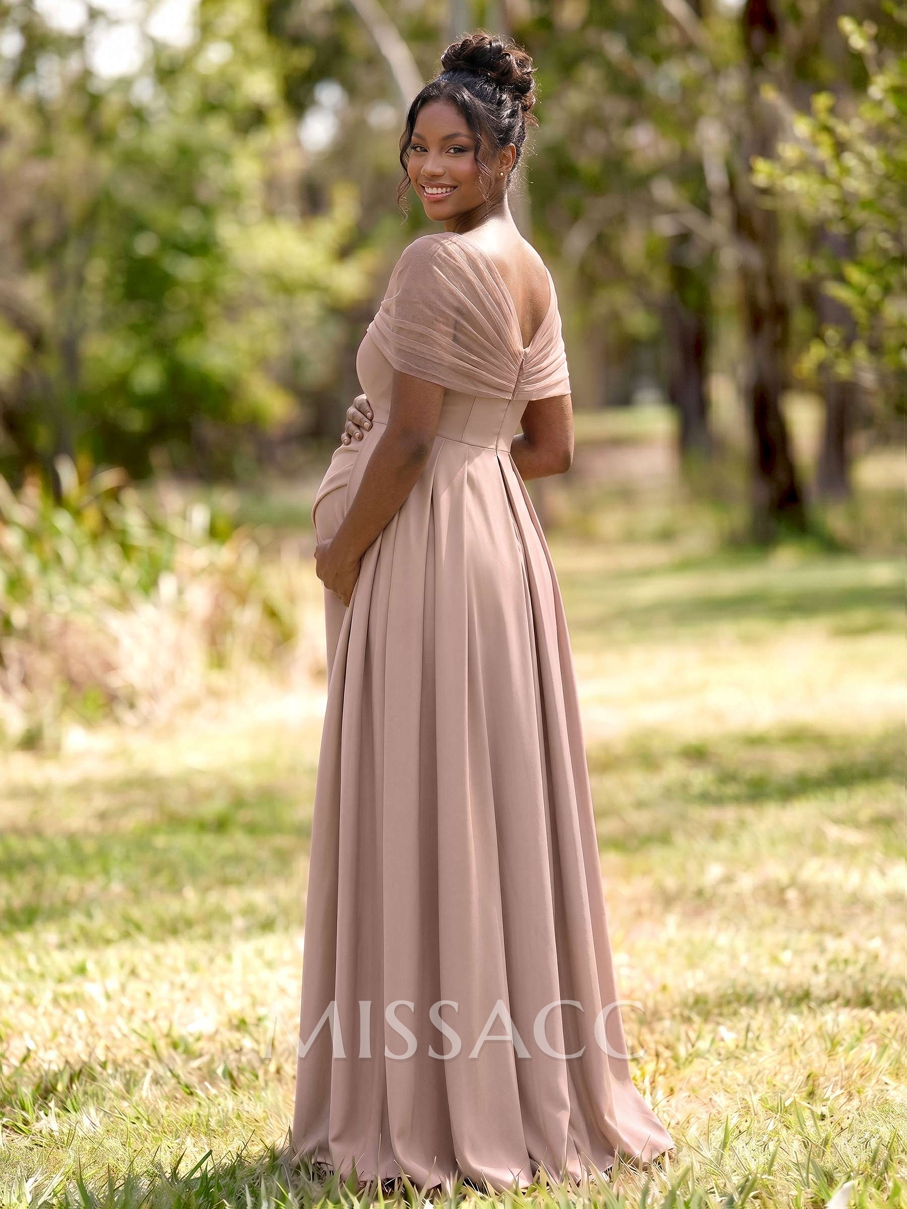 Sheath/Column Off-The-Shoulder Floor-Length Elastic Satin Maternity Bridesmaid Dresses With High Split/Sweeping Side Drape