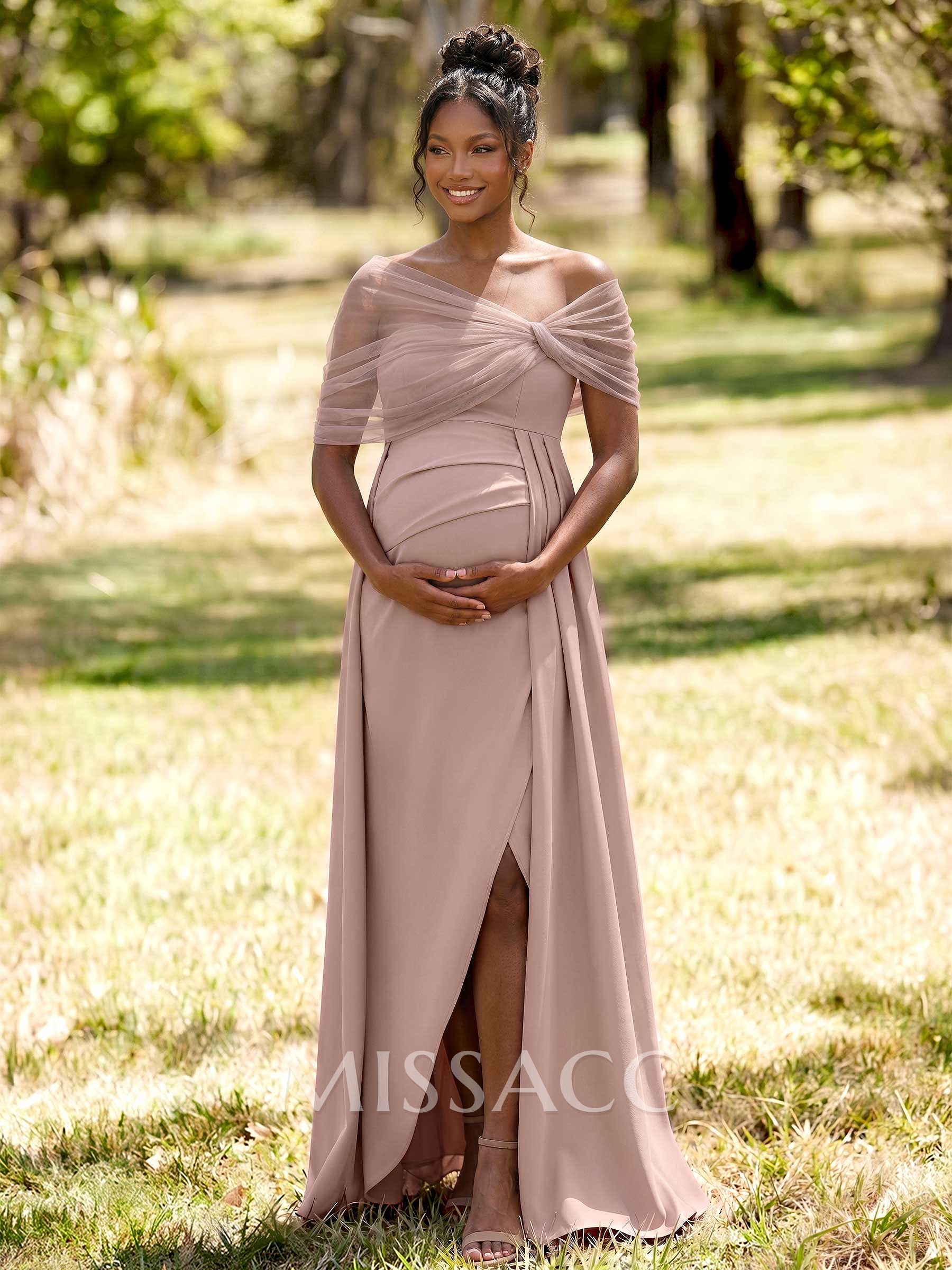 Sheath/Column Off-The-Shoulder Floor-Length Elastic Satin Maternity Bridesmaid Dresses With High Split/Sweeping Side Drape