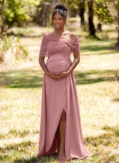 Sheath/Column Off-The-Shoulder Floor-Length Elastic Satin Maternity Bridesmaid Dresses With High Split/Sweeping Side Drape