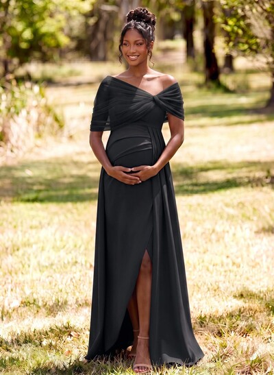 Sheath/Column Off-The-Shoulder Floor-Length Elastic Satin Maternity Bridesmaid Dresses With High Split/Sweeping Side Drape