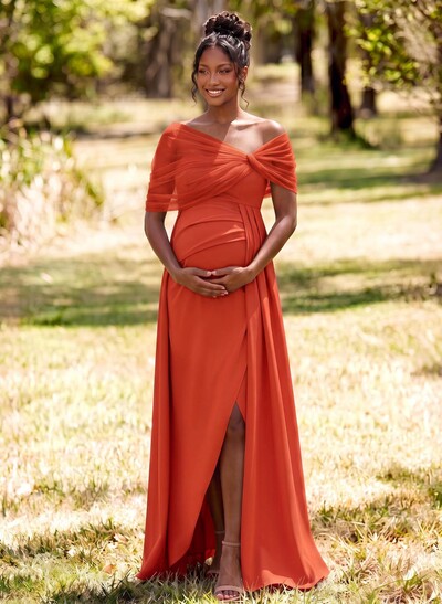 Sheath/Column Off-The-Shoulder Floor-Length Elastic Satin Maternity Bridesmaid Dresses With High Split/Sweeping Side Drape