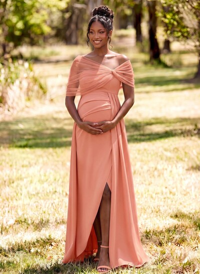 Sheath/Column Off-The-Shoulder Floor-Length Elastic Satin Maternity Bridesmaid Dresses With High Split/Sweeping Side Drape