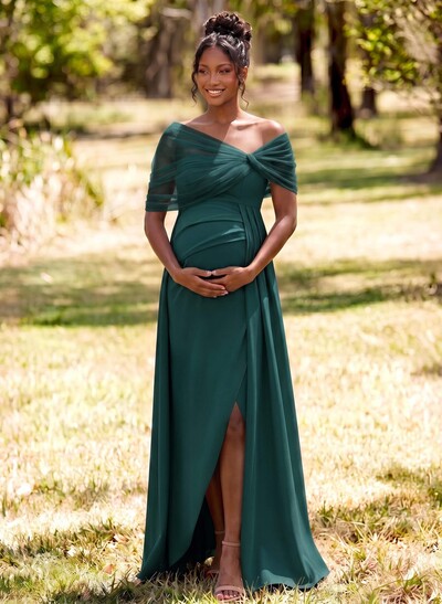Sheath/Column Off-The-Shoulder Floor-Length Elastic Satin Maternity Bridesmaid Dresses With High Split/Sweeping Side Drape