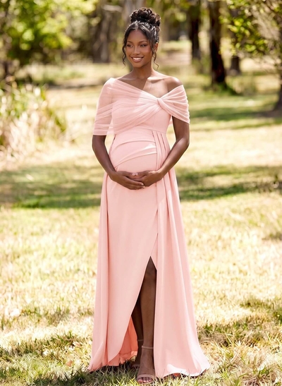 Sheath/Column Off-The-Shoulder Floor-Length Elastic Satin Maternity Bridesmaid Dresses With High Split/Sweeping Side Drape