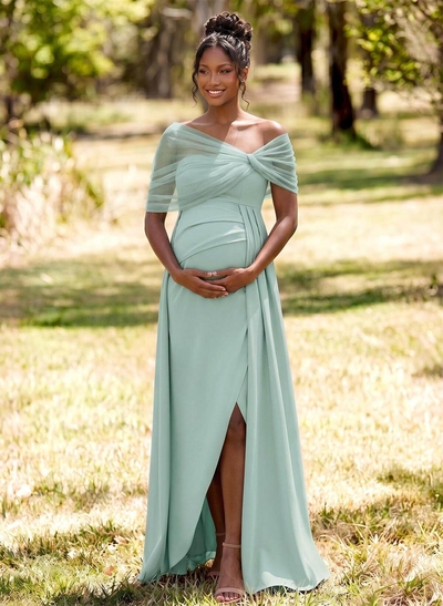 Sheath/Column Off-The-Shoulder Floor-Length Elastic Satin Maternity Bridesmaid Dresses With High Split/Sweeping Side Drape