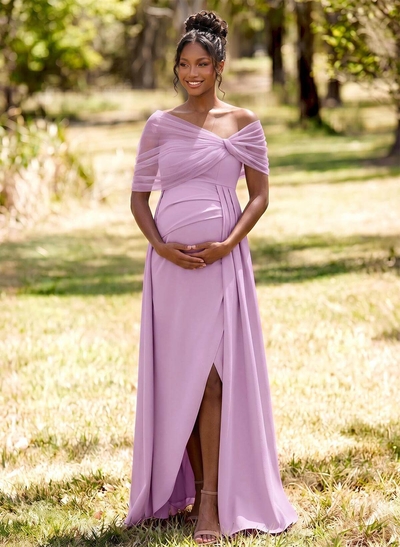 Sheath/Column Off-The-Shoulder Floor-Length Elastic Satin Maternity Bridesmaid Dresses With High Split/Sweeping Side Drape