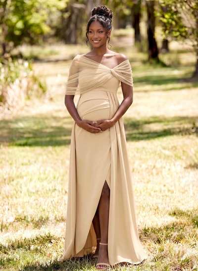 Sheath/Column Off-The-Shoulder Floor-Length Elastic Satin Maternity Bridesmaid Dresses With High Split/Sweeping Side Drape