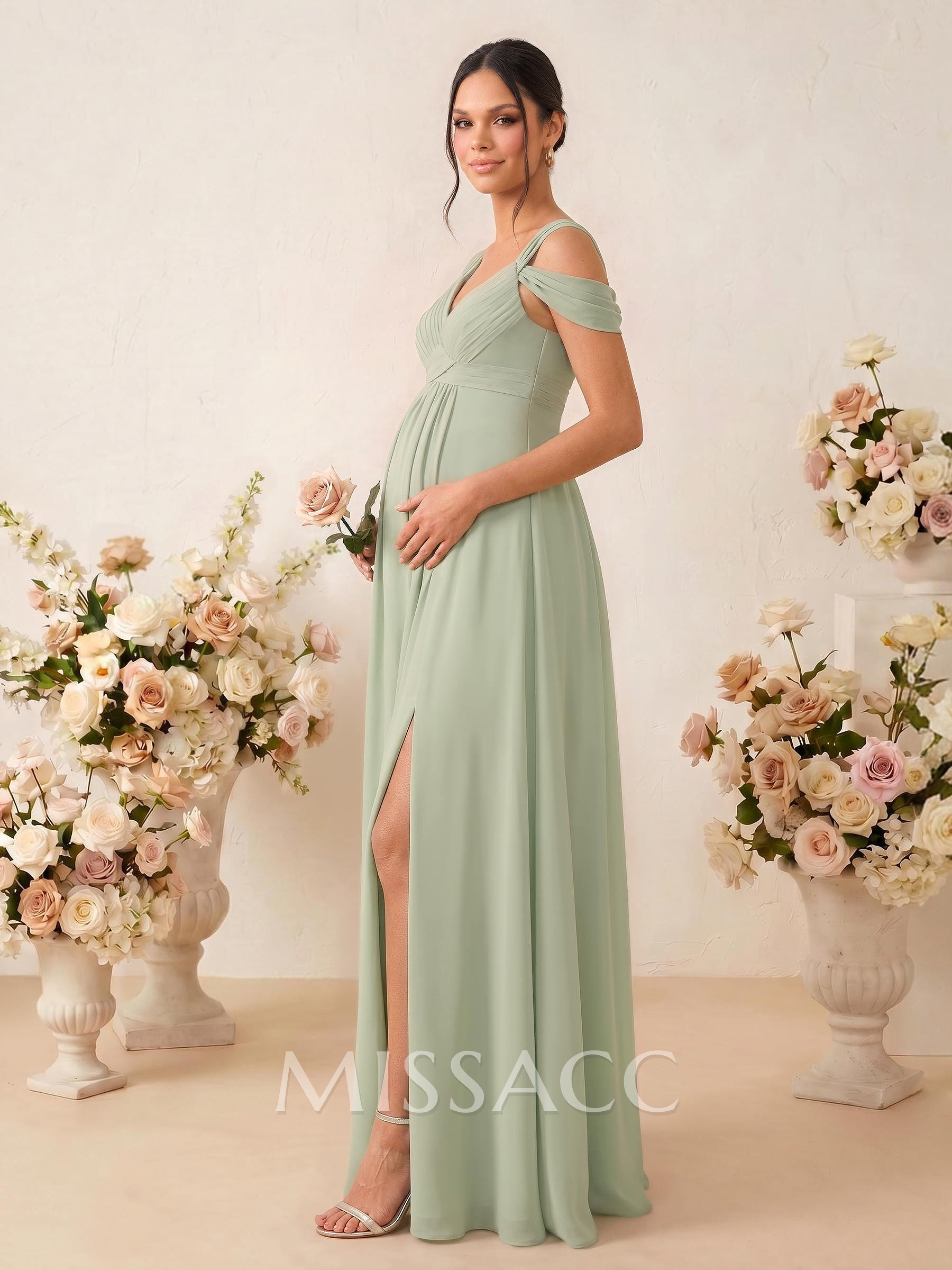 A-Line V-Neck Sleeveless Floor-Length Chiffon Maternity Bridesmaid Dresses With High Split