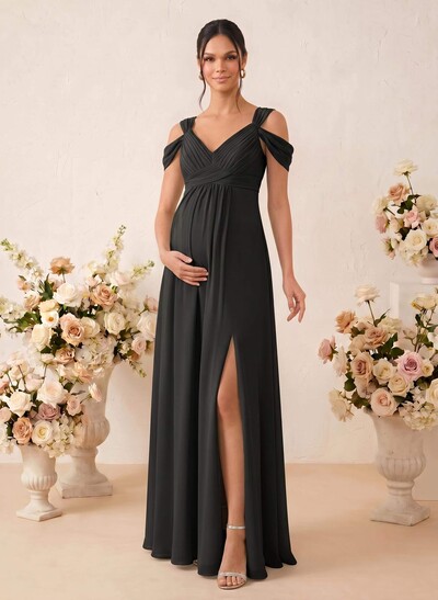 A-Line V-Neck Sleeveless Floor-Length Chiffon Maternity Bridesmaid Dresses With High Split