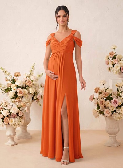 A-Line V-Neck Sleeveless Floor-Length Chiffon Maternity Bridesmaid Dresses With High Split