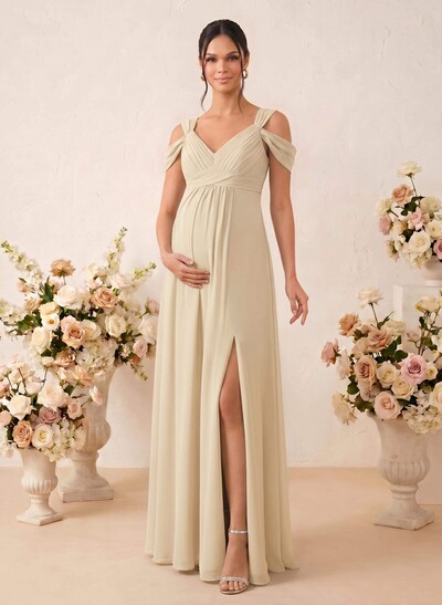 A-Line V-Neck Sleeveless Floor-Length Chiffon Maternity Bridesmaid Dresses With High Split