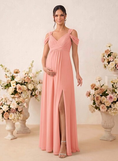 A-Line V-Neck Sleeveless Floor-Length Chiffon Maternity Bridesmaid Dresses With High Split