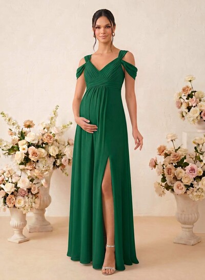 A-Line V-Neck Sleeveless Floor-Length Chiffon Maternity Bridesmaid Dresses With High Split