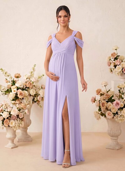 A-Line V-Neck Sleeveless Floor-Length Chiffon Maternity Bridesmaid Dresses With High Split