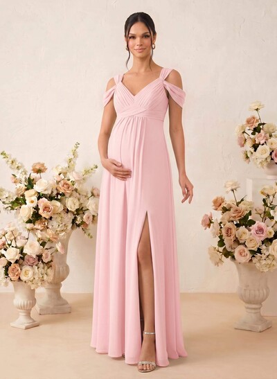 A-Line V-Neck Sleeveless Floor-Length Chiffon Maternity Bridesmaid Dresses With High Split