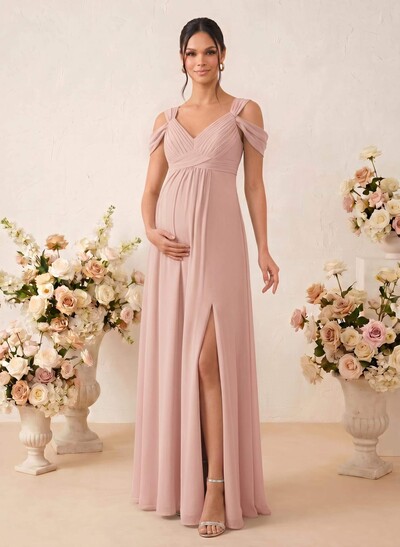 A-Line V-Neck Sleeveless Floor-Length Chiffon Maternity Bridesmaid Dresses With High Split