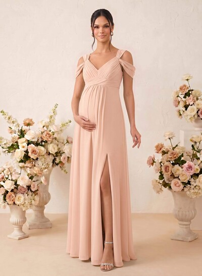 A-Line V-Neck Sleeveless Floor-Length Chiffon Maternity Bridesmaid Dresses With High Split
