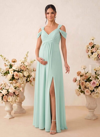 A-Line V-Neck Sleeveless Floor-Length Chiffon Maternity Bridesmaid Dresses With High Split