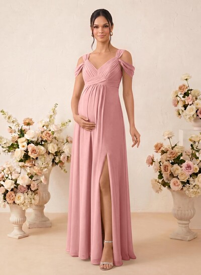 A-Line V-Neck Sleeveless Floor-Length Chiffon Maternity Bridesmaid Dresses With High Split
