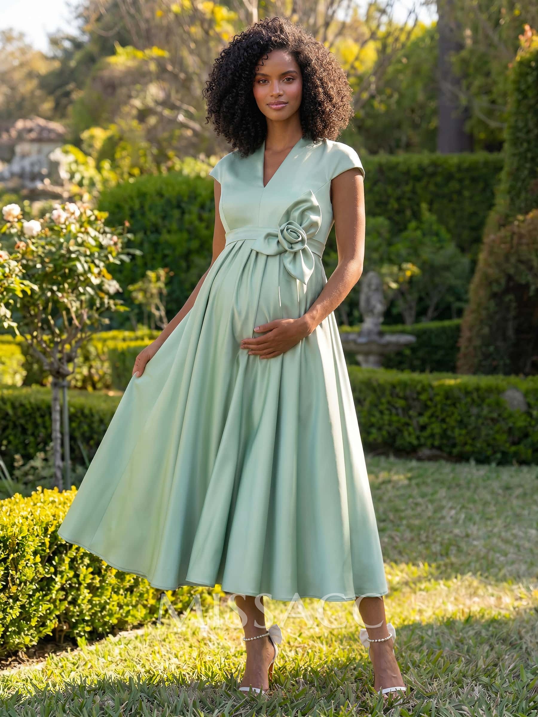 A-Line V-Neck Short Sleeves Tea-Length Satin Maternity Bridesmaid Dresses With Flower(s)