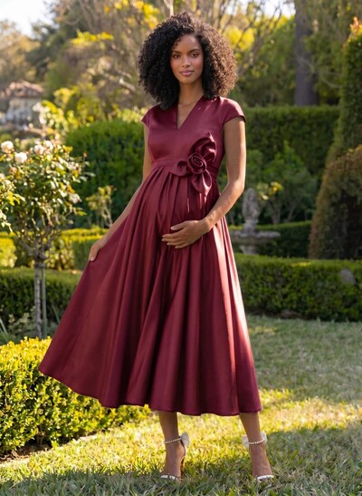 A-Line V-Neck Short Sleeves Tea-Length Satin Maternity Bridesmaid Dresses With Flower(s)