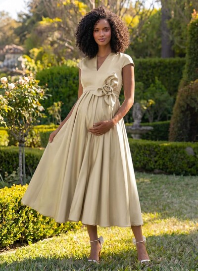 A-Line V-Neck Short Sleeves Tea-Length Satin Maternity Bridesmaid Dresses With Flower(s)