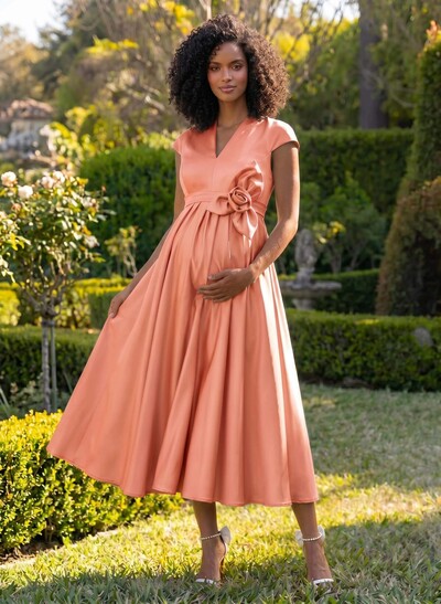 A-Line V-Neck Short Sleeves Tea-Length Satin Maternity Bridesmaid Dresses With Flower(s)